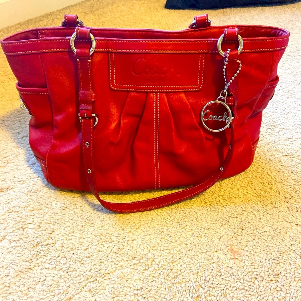 SOLD Coach Ashley Red Leather Double Handle Zipper Closure Tote Shoulder Bag EUC